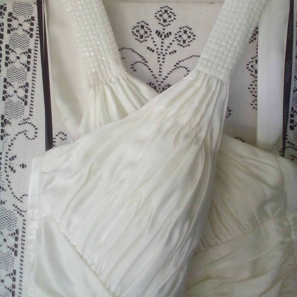 Calvin Klein Long Ivory Satin Gown w/embellished straps Size: 10 NWT
